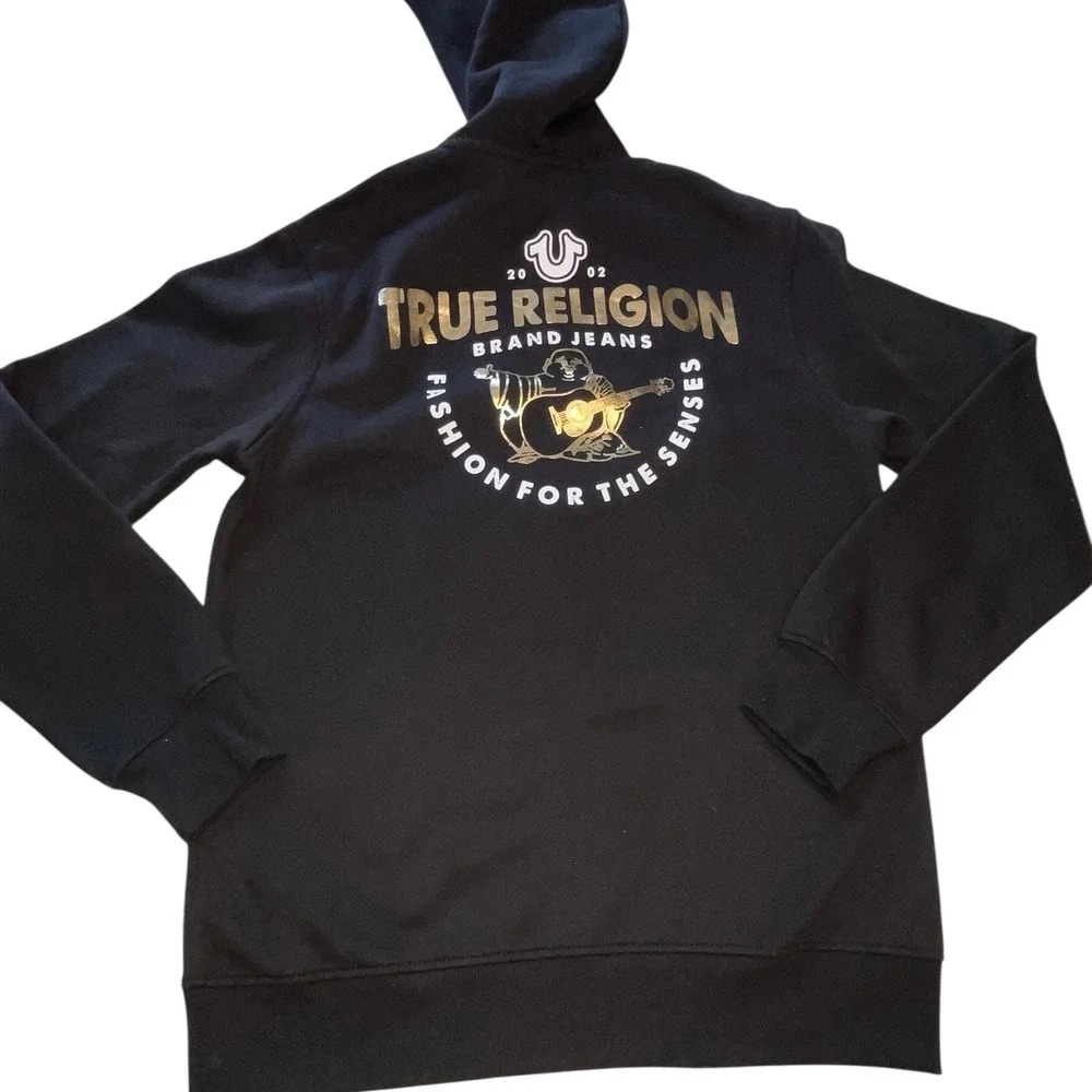 New True Religion Men's Jet Black Foil Triology Hoodie Size Medium Full Zip NWT